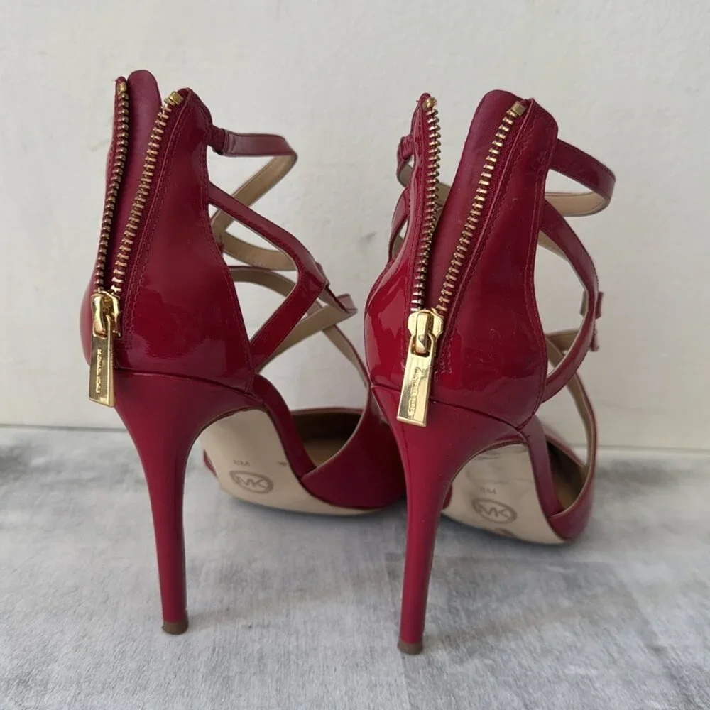 MICHAEL KORS Catia Red Pointed Toe Strappy High Heels 4" Patent Leather Sz.8 - Picture 10 of 15